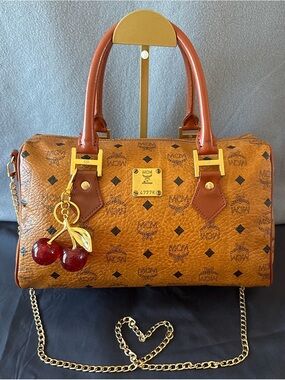 MCM Cognac Visetos Satchel with Cherry Charm and Gold Hardware